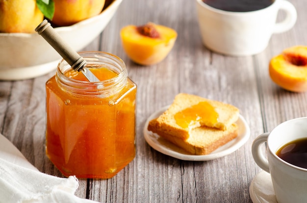 Homemade peach jam in a jar