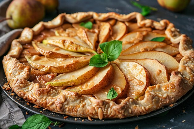 Photo homemade pear galette pie with almond leaves and fresh ripe green pears