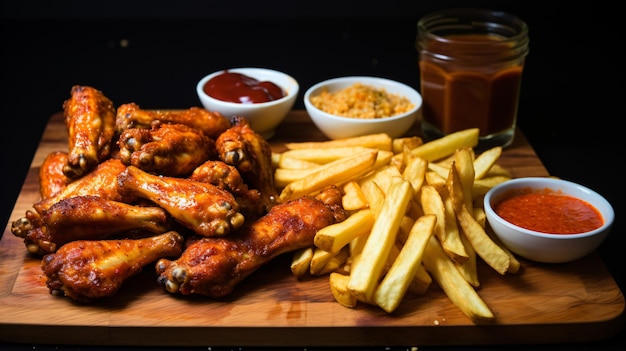 Homemade pepperoni pizza chicken wings fries and beer