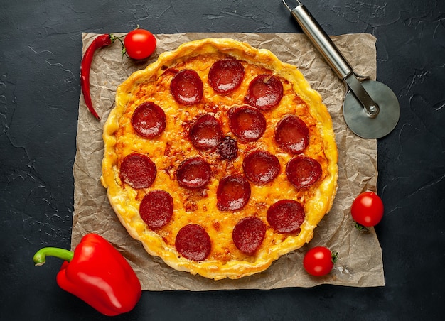 Homemade pepperoni pizza on a stone background