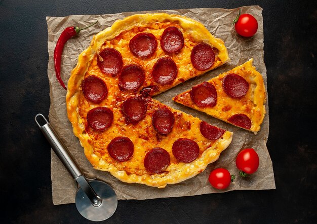 Homemade pepperoni pizza on a stone background