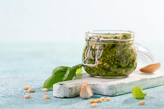 Homemade pesto sauce with fresh basil