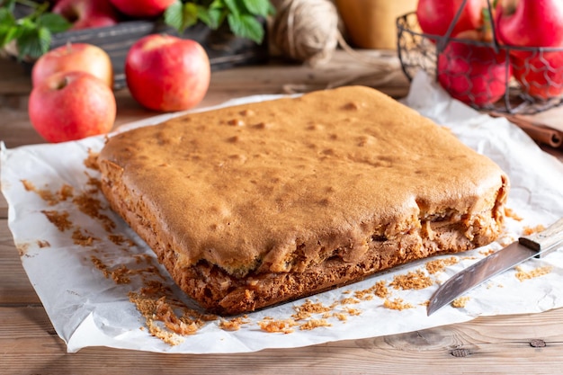 Homemade pie with apples and cinnamon on rustic wooden background