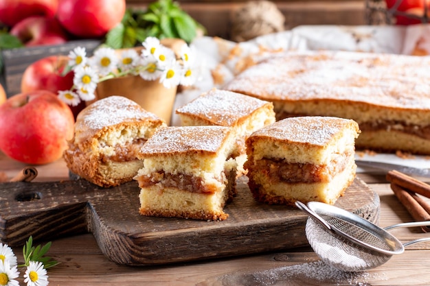 Homemade pie with apples and cinnamon on rustic wooden background