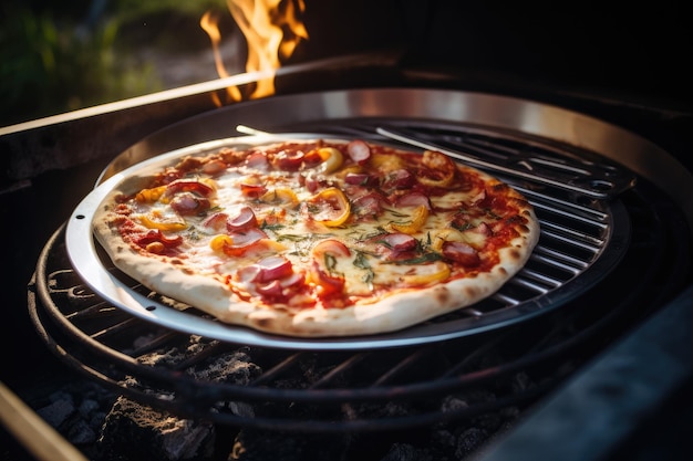 A homemade pizza is placed inside a portable aluminum oven designed specifically for pizzas The dele...