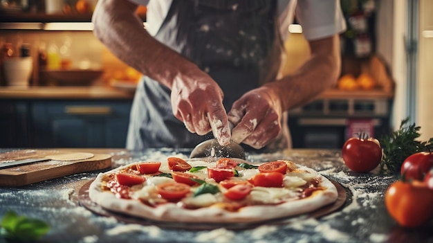 Homemade Pizza Preparation in Kitchen Culinary Art Image