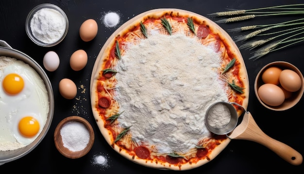 Photo homemade pizza preparation with fresh ingredients