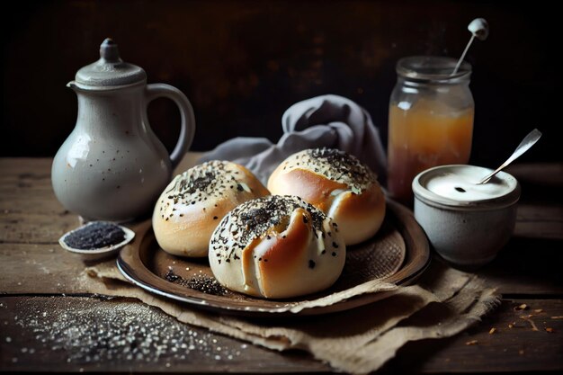 Homemade poppy seed buns with luscious jam and milk glaze