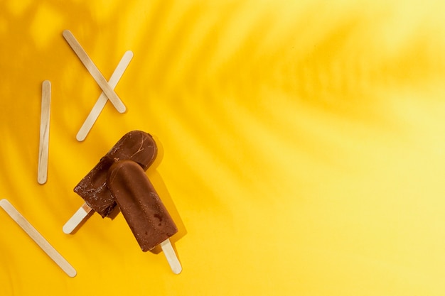 Photo homemade popsicle chocolate ice cream and shadow of leaves