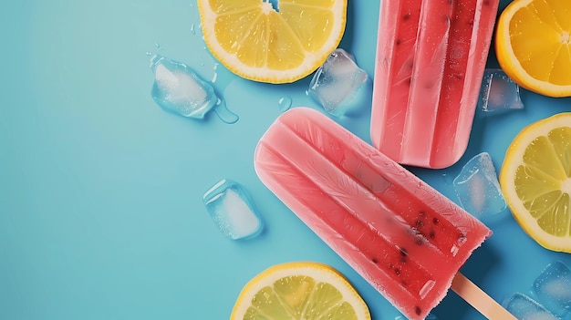 Homemade popsicles with lemon and ice on blue background