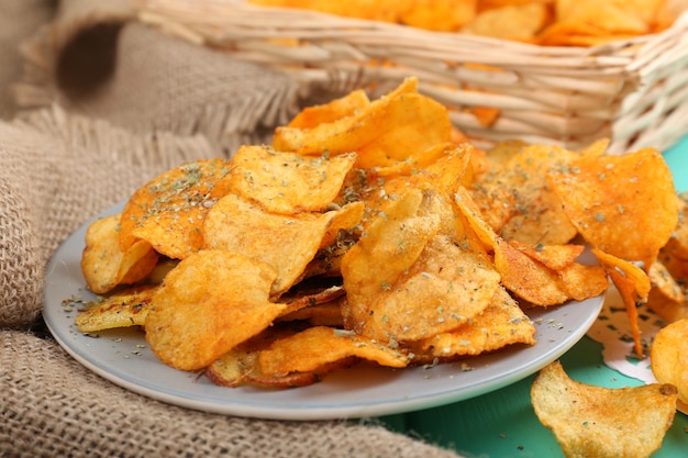 Homemade potato chips close up