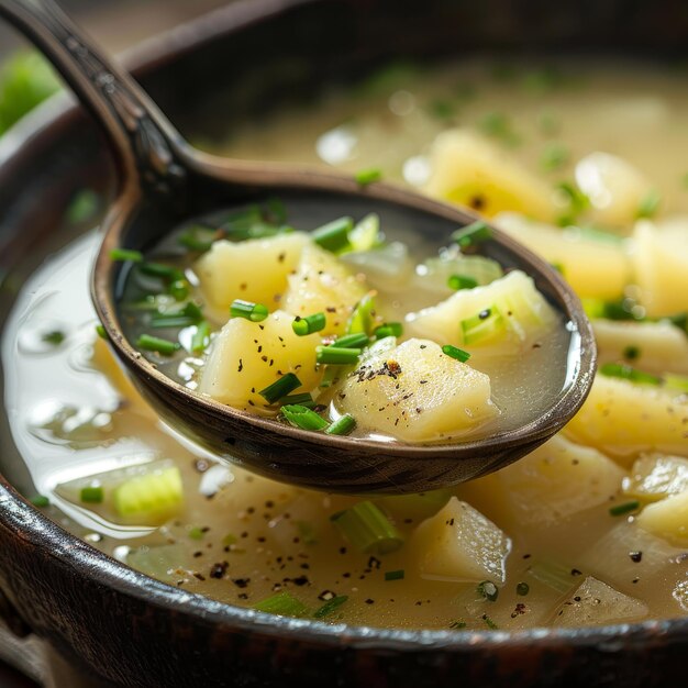 Photo homemade potato soup with chives and sour cream in a bowl