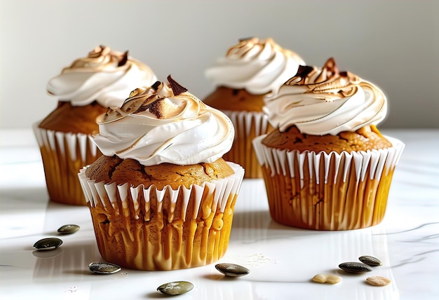 Photo homemade pumpkin muffins on smooth white marble