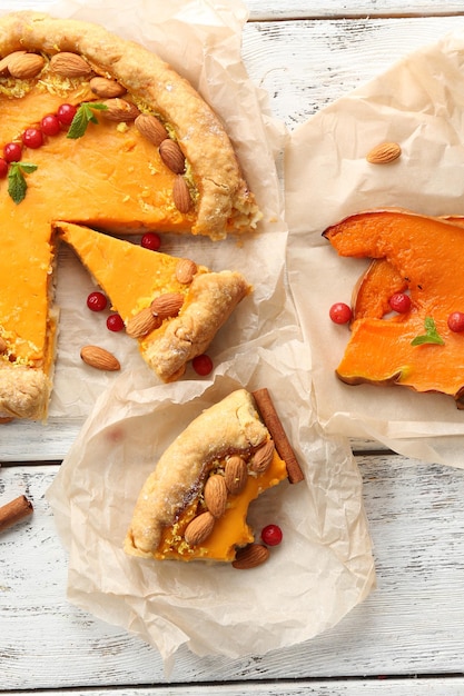 Homemade pumpkin pie on table