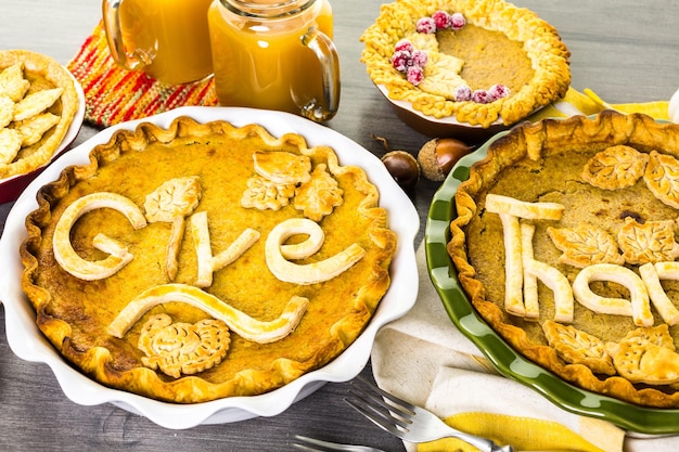 Homemade pumpkin pies with Autumn stamped leafs.