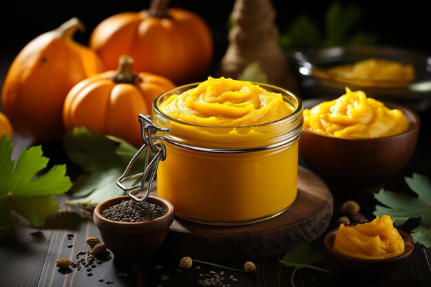 Photo homemade pumpkin puree with fresh pumpkin slices ar c