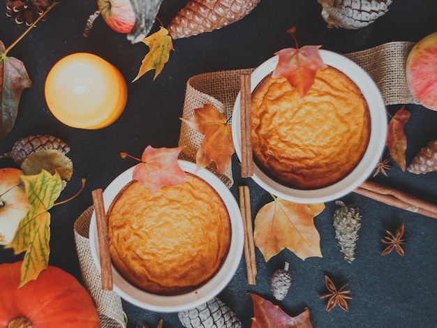 Homemade pumpkin souffle. Thanksgiving Day. Autumn composition still life. Autumn postcard.