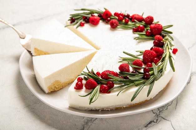 Homemade raspberry cheesecake on a plate