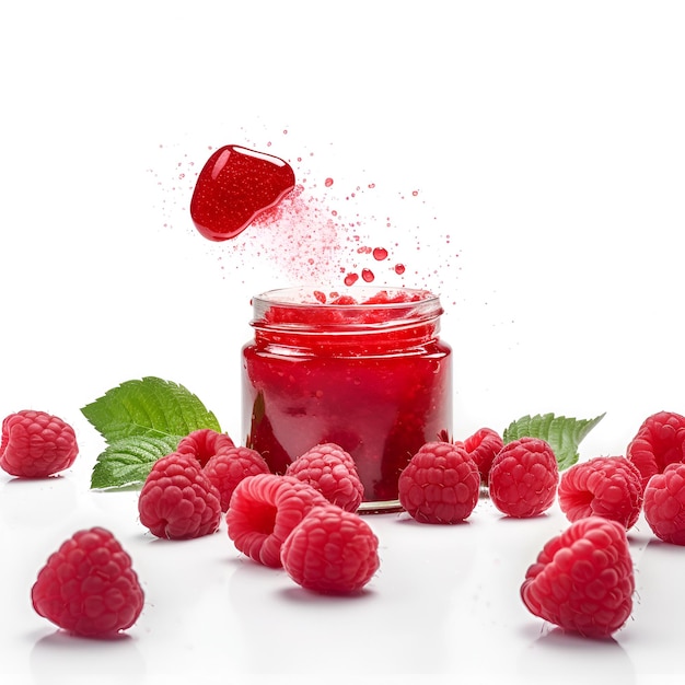 Homemade raspberry preserves or jam in a glass jar surrounded by fresh raspberries AI generated