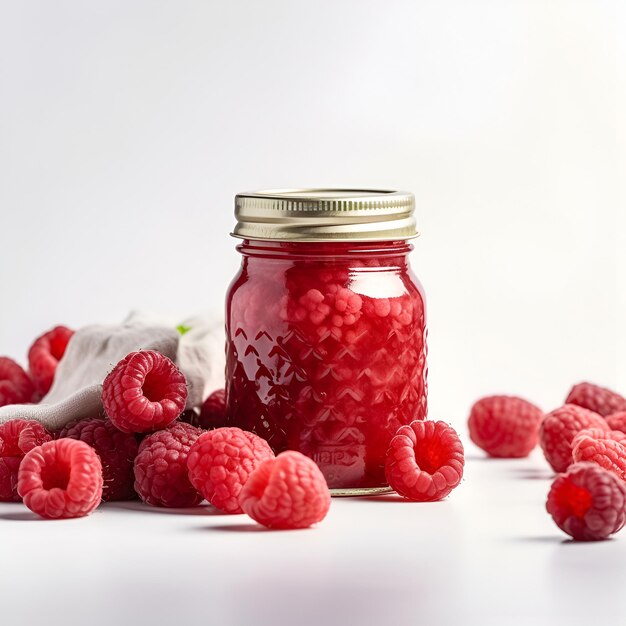 Homemade raspberry preserves or jam in a glass jar surrounded by fresh raspberries AI generated