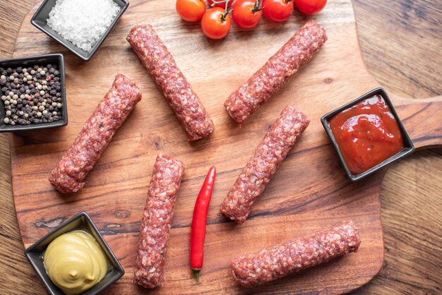 Homemade raw meat lula kebab sausages on a cutting board. wooden background.