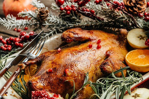 Homemade Roast Duck with rosemary and oranges Thanksgiving or Christmas Dinner