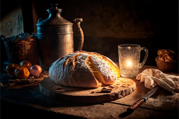 Homemade Rustic Artisan Bread Or Italian Ciabatta bread sourdough rustic baked bread in wickerwork basket