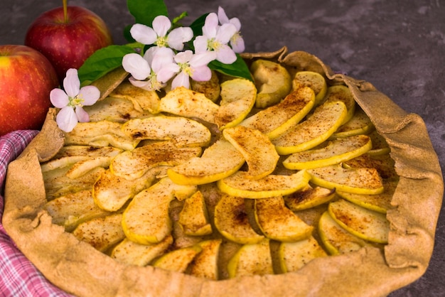 Homemade rye flour cake with apples and cinnamon Closeup