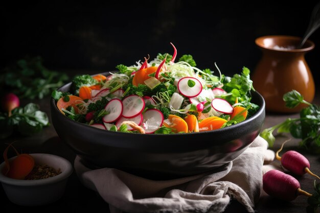 Homemade salad with freshly picked vegetables and herbs topped with crunchy radish