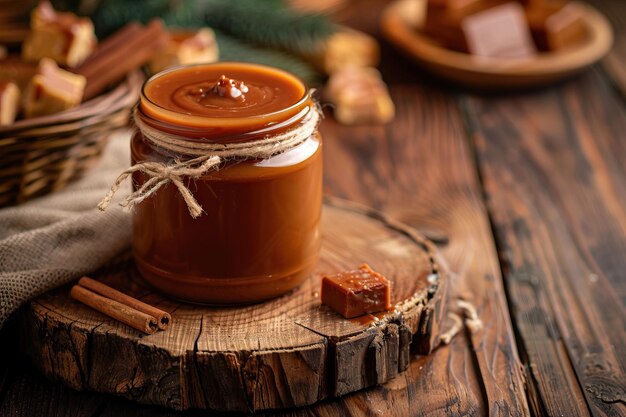 Homemade salted caramel sauce in jar on rustic wooden table