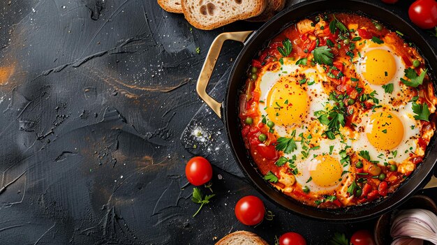 Homemade shakshuka in a castiron skillet with fresh ingredients