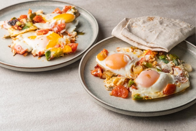 Homemade shakshuka, fried eggs, leek, bell pepper and  tomatoes  in a gray plate. Mediterranean cuis