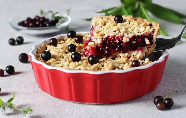 Homemade shortbread pie with blackcurrant with cut piece in ceramic form on a gray background