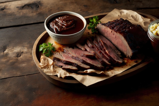 Homemade smoked barbecue sauce and beef brisket