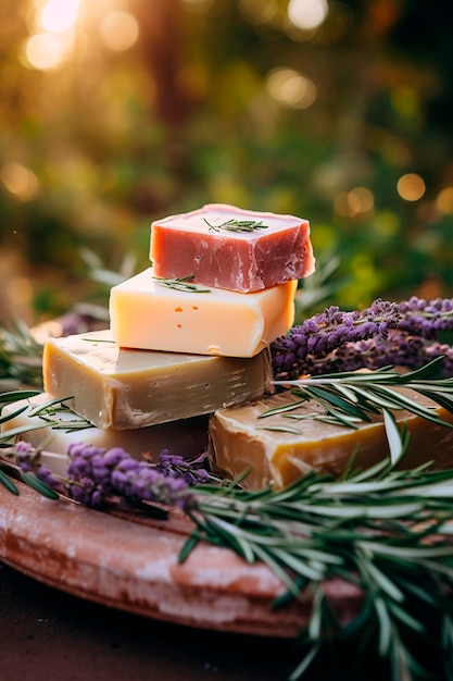 Homemade soap with herbs berries and fruits Selective focus