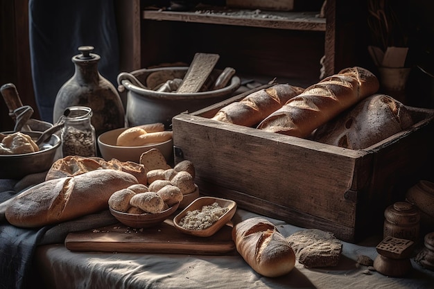 Homemade sourdough breads in a country arrangement on a wooden table Generative AI