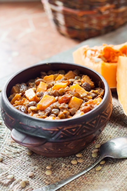 Homemade spicy curry with green lentils