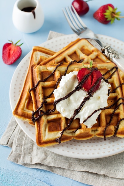 Homemade square Belgian waffles with ricotta cheese