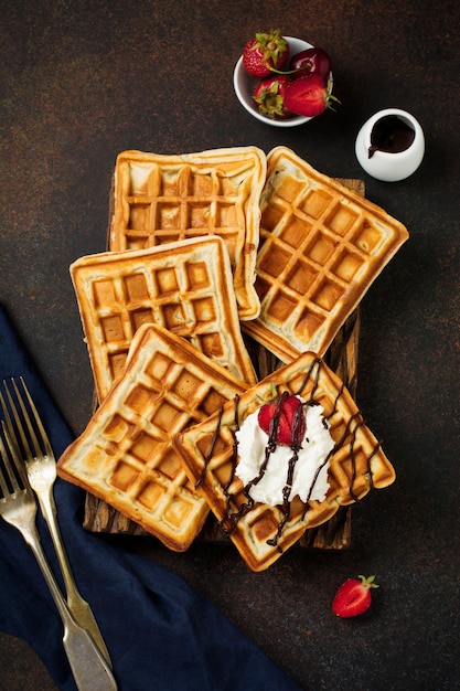 Homemade square Belgian waffles with ricotta cheese