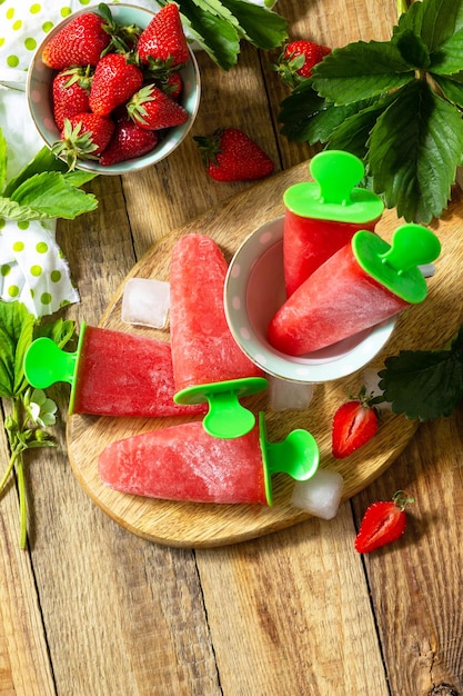 Homemade strawberry frozen fruit juice Strawberry Ice cream or strawberry popsicles Top view