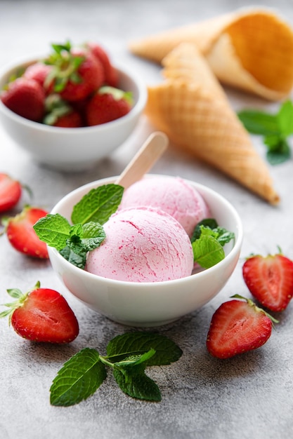 Homemade strawberry ice cream with fresh strawberries sweet berry summer dessert