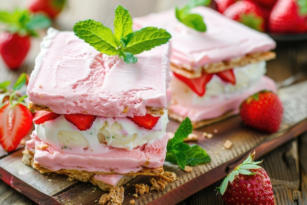 Homemade strawberry and mint ice cream sandwiches