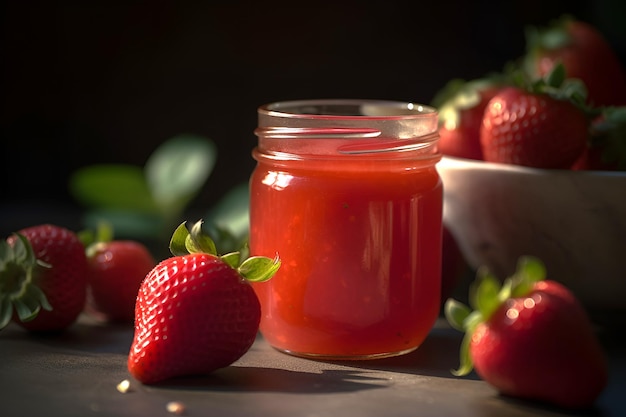 Homemade strawberry preserves or jam in a glass jar surrounded by fresh organic strawberries AI generated