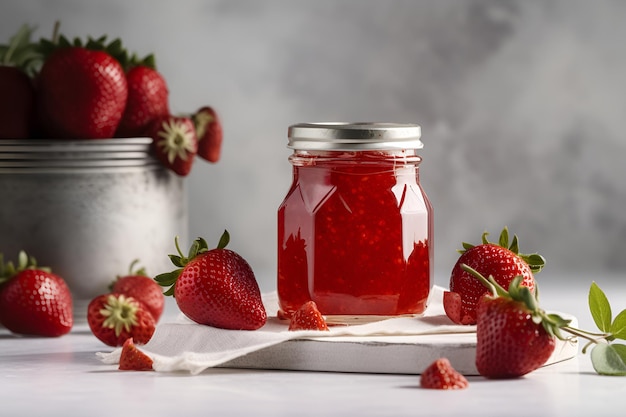 Homemade strawberry preserves or jam in a glass jar surrounded by fresh strawberries AI generated