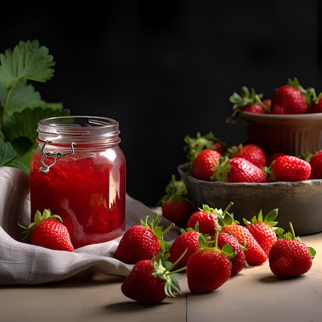 Homemade strawberry preserves or jam in a glass jar surrounded by fresh strawberries AI generated