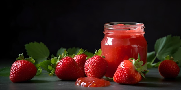 Homemade strawberry preserves or jam in a glass jar surrounded by fresh strawberries AI generated