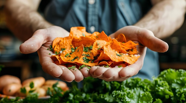 Photo homemade sweet potato chips for mindful eating