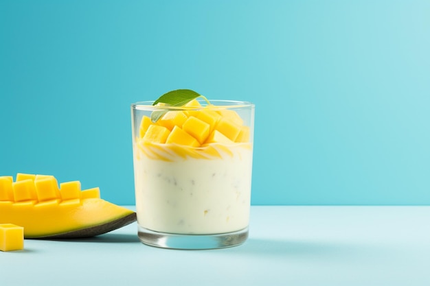 Homemade sweet yogurt in a glass with mango isolated on white background