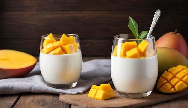 homemade sweet yogurt in a glass with mango on a wooden table