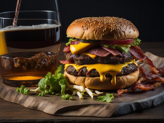 Homemade tasty burger with big beef cheese tomato bacon and lettuce and lager beer mug